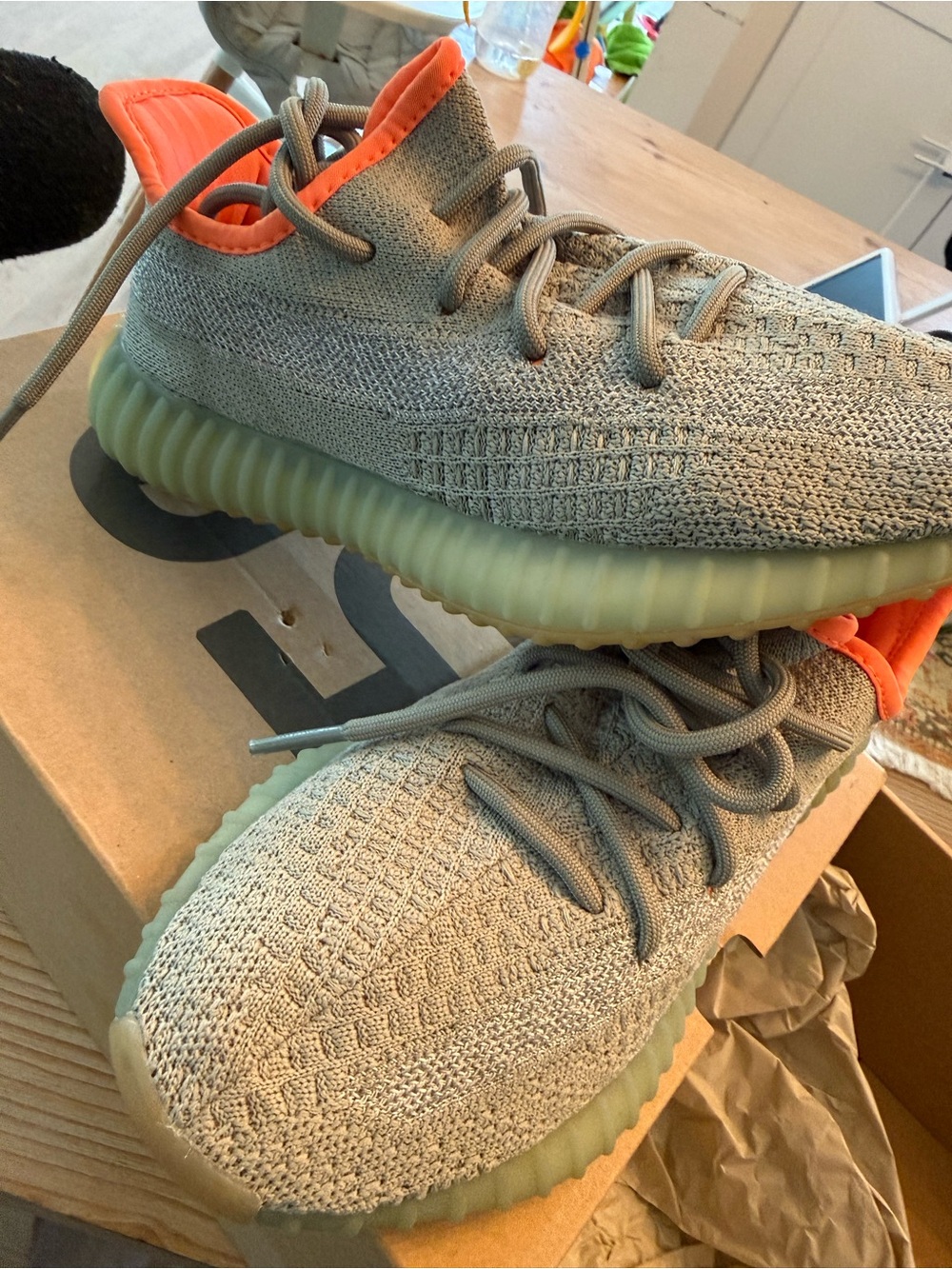 Yeezy Boost 350 V2 Neutral Green Knit Sneakers with Bright Orange Collar